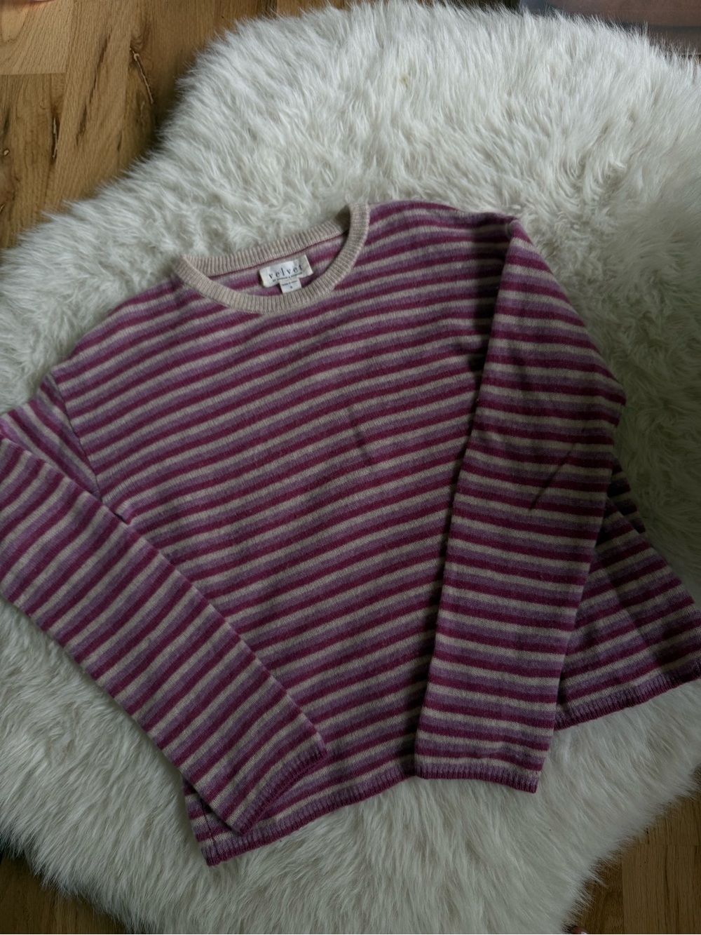 Velvet Striped Crewneck Sweater in Pink & Cream